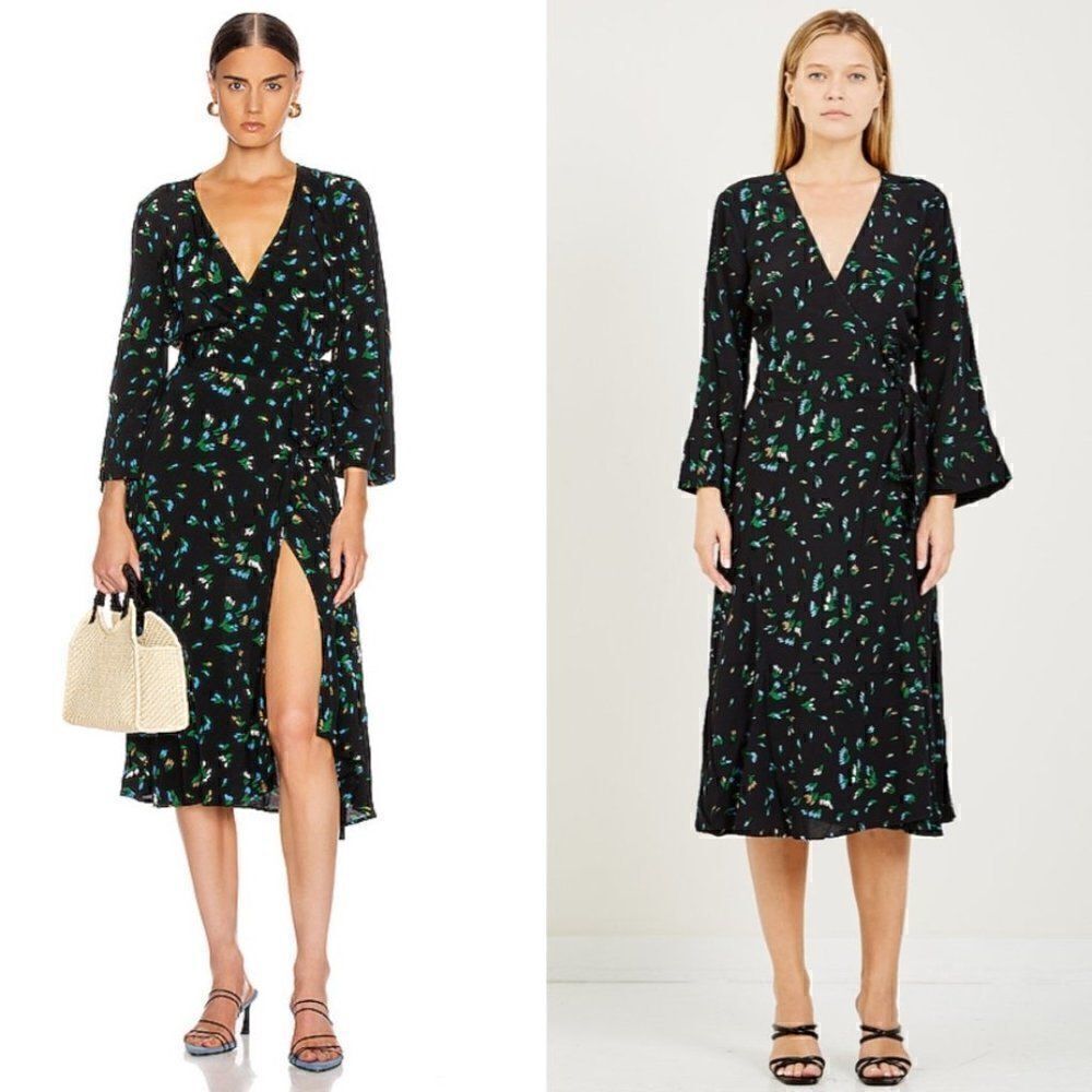 Ganni Printed Crepe Wrap Dress Verdant Green